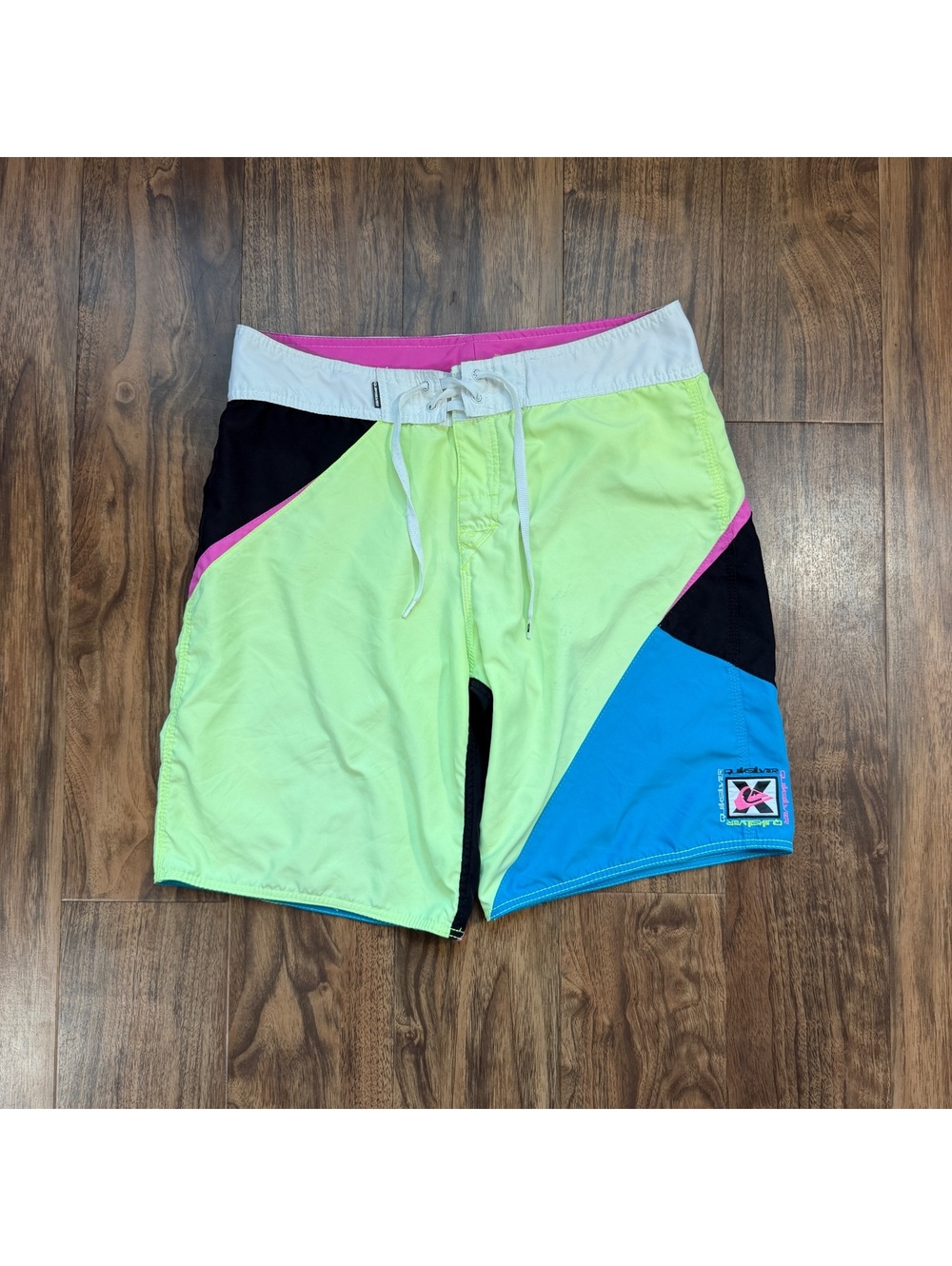 Vintage 90s Quiksilver Mens Board Shorts Neon Swim Trunks Retro Surf Shorts